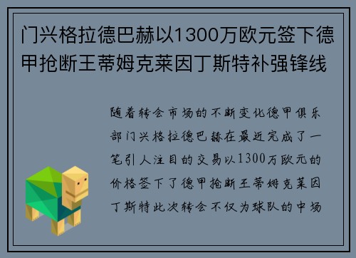 门兴格拉德巴赫以1300万欧元签下德甲抢断王蒂姆克莱因丁斯特补强锋线