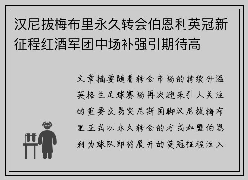 汉尼拔梅布里永久转会伯恩利英冠新征程红酒军团中场补强引期待高